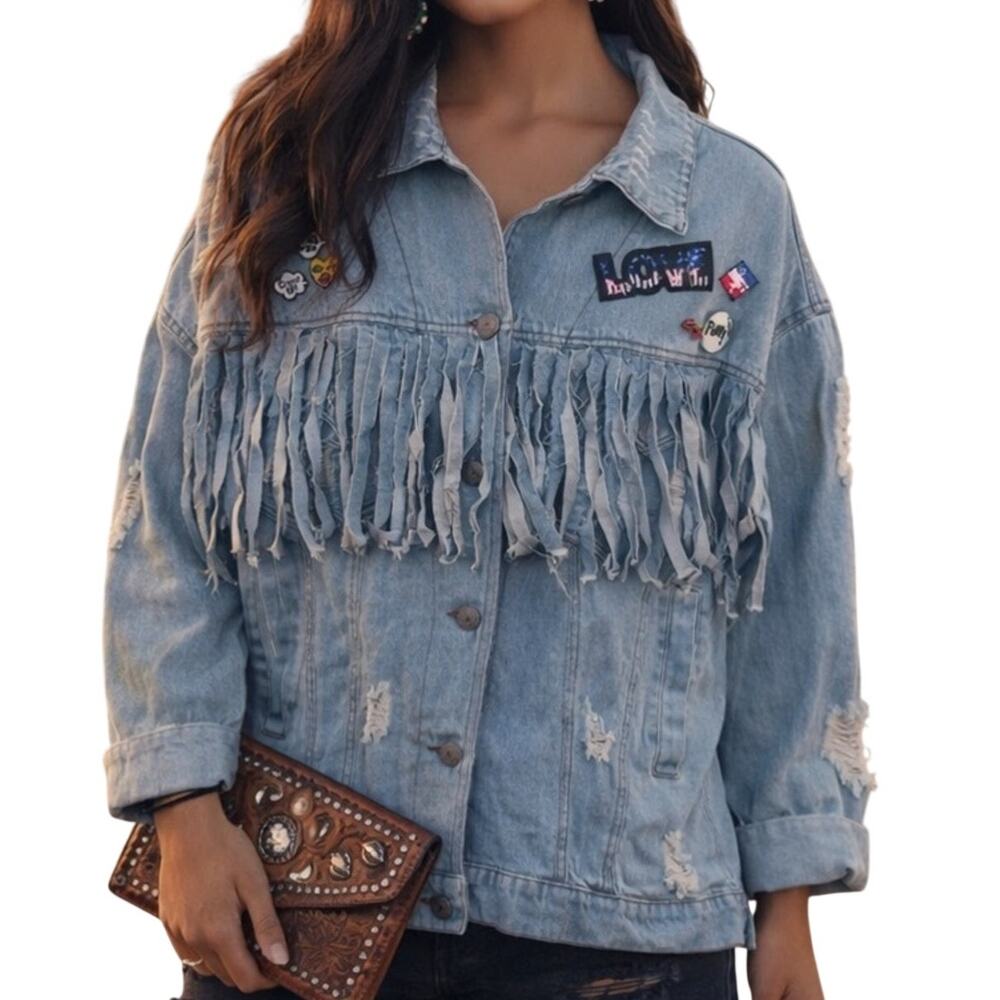 POL Denim Fringe Patch Shacket Jacket Oversized Small NWOT